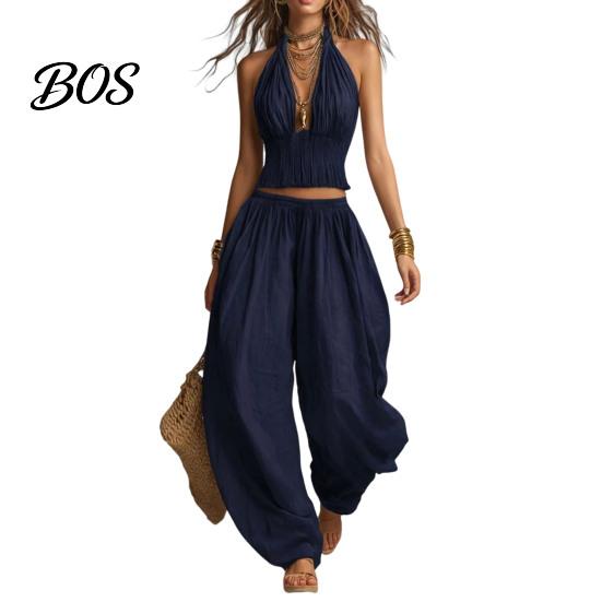 Everyday Wear For Women Women's Halter Sleeveless Summer 2 Piece Sets, Pleated Ruffle Backless Skin-friendly Fabric Clothes V Neck Top And Wide