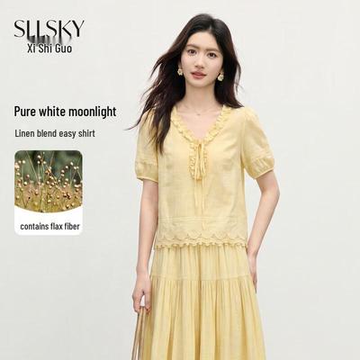 Camicetta da Donna in Pizzo con Scollo a V e Maniche a Sbuffo Stile Francese