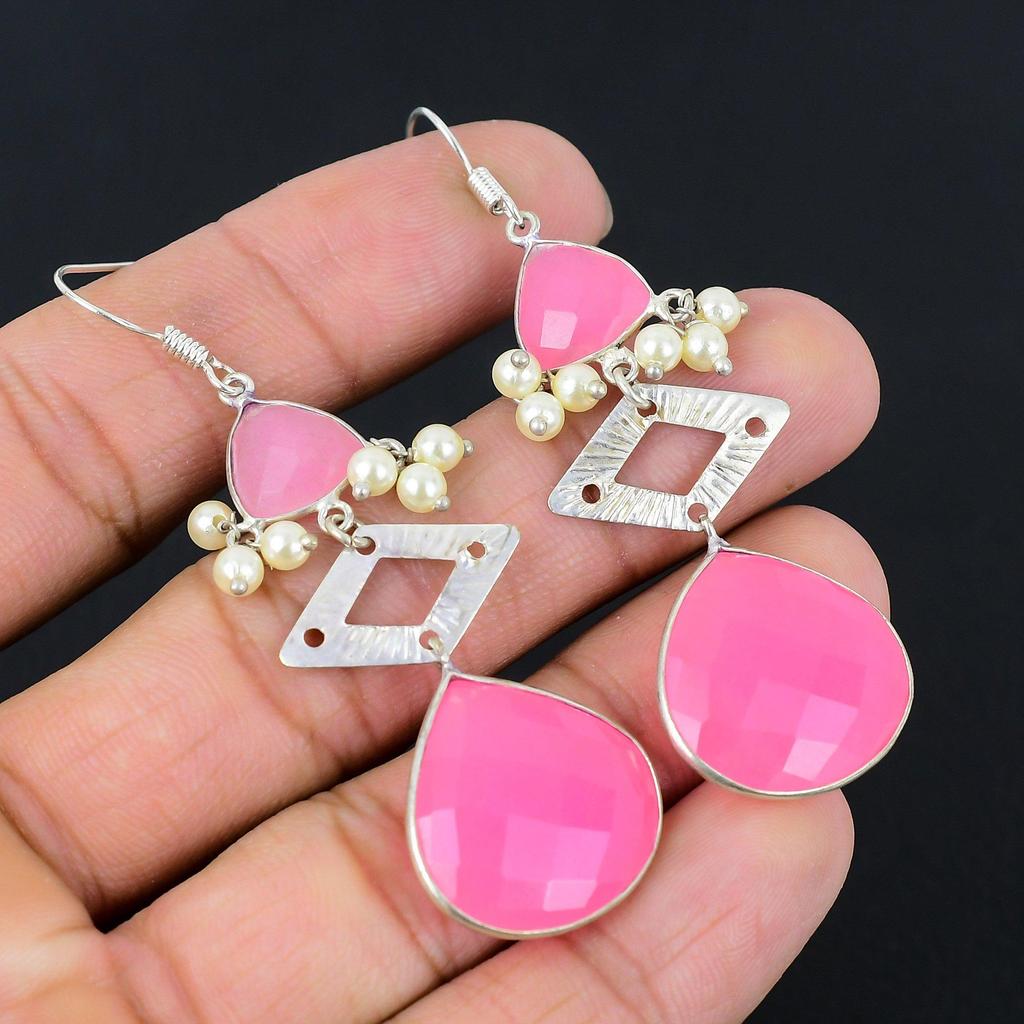 Sisters Day Sale Sterling Silver Pink Chalcedony Gemstone Wife Dangling Earrings