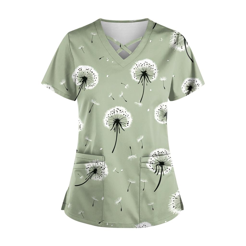 Women's Short Sleeve Stagger V Neck  Print Pocket Dry-nurse Top