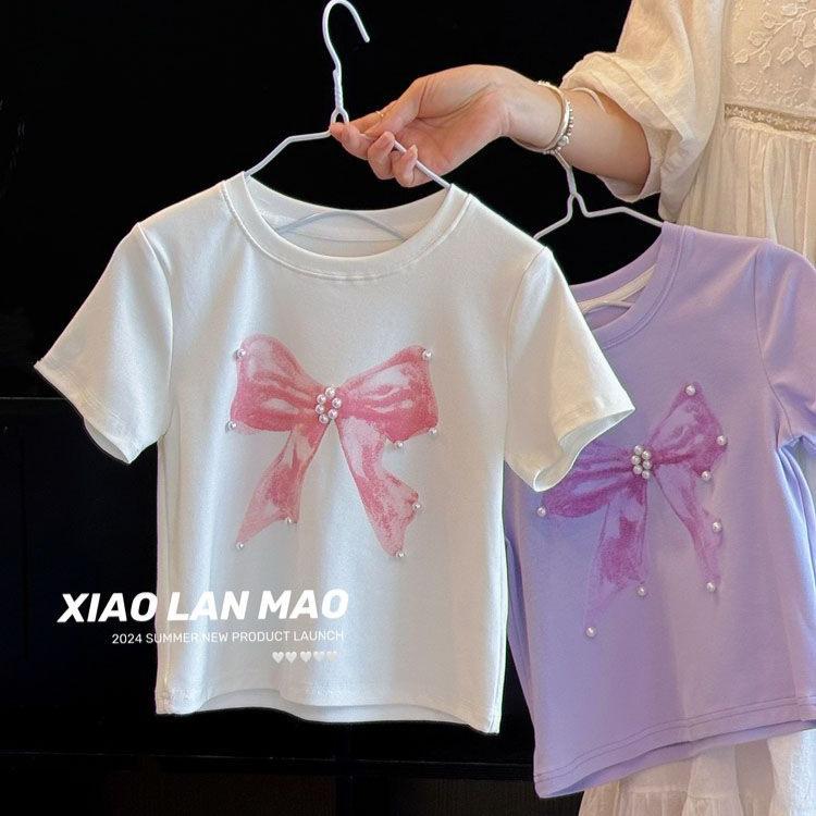 Girls Summer Bow Short-sleeved T-shirt Loose Middle-aged Children's All-match Fashionable Tops
