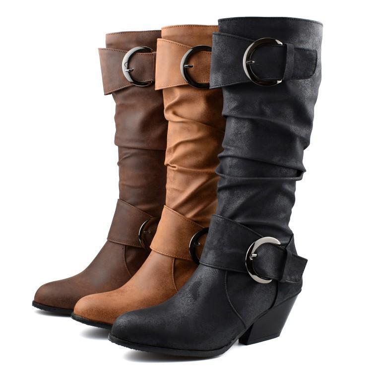 Autumn and winter new wind leather high boots medium heel but knee thick heel knight boots large size boots women
