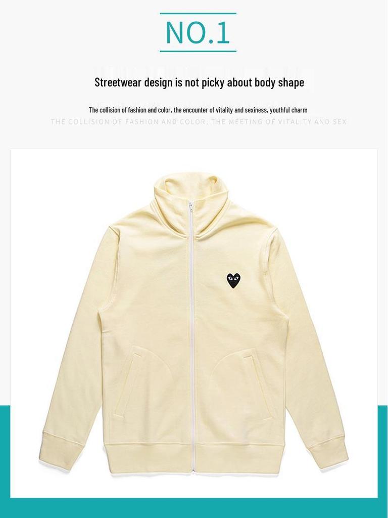 HEYPLAY Unisex Trendige Blaue Reißverschlussjacke mit Rotes Herz & Großem Schwarzen Herz auf dem Rücken, Kapuzenpullover mit Stehkragen.