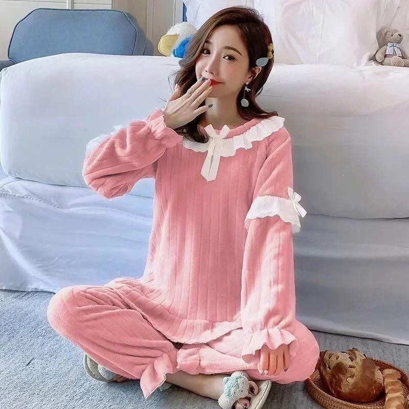 Square Collar Women Pajamas Set Winter Warm Sleepwear Fleece Velvet 2 Piece Pants Home Wear Suit Fluffy Korean Solid Night Wear