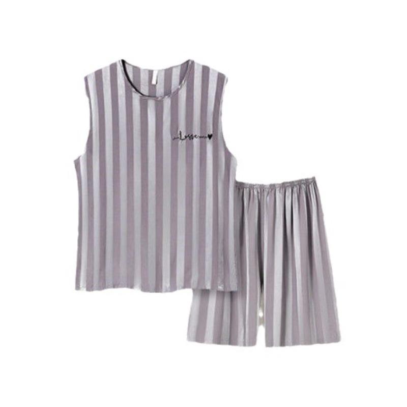 Men Ice Silk Pajamas Homewear Tops and Pants Youth Sleepwear Loungewear Two Piece Set Fashion Striped Casual Nightwear