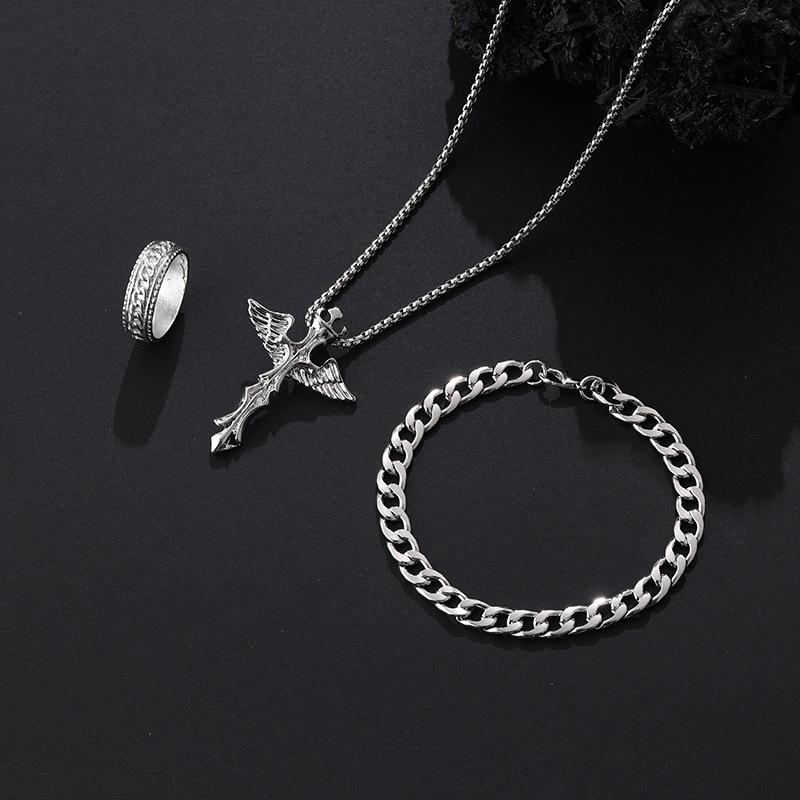 3Pcs Set Men'S Stainless Steel Metal Cross Pendant Chain Necklace Bracelet Ring Jewelry Set Male Hip Hop Daily Wear Accessories