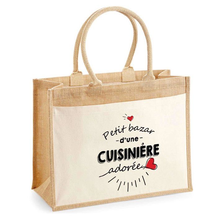 Sac de plage - PLANETEE - Jute avec poche Bazar d'une Cuisinière adorée - Coton - 43x33 cm - Anses bandoulière
