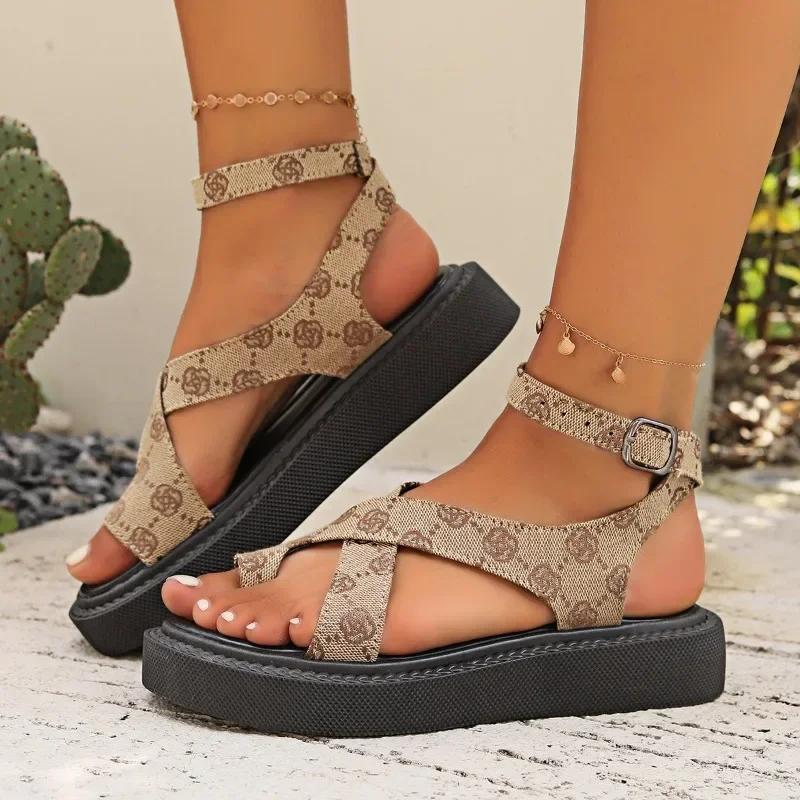 

Fashion ankle buckle women s flat sandals summer vintage leopard thick sole open toe soft sole single buckle casual sandals 38 хаки