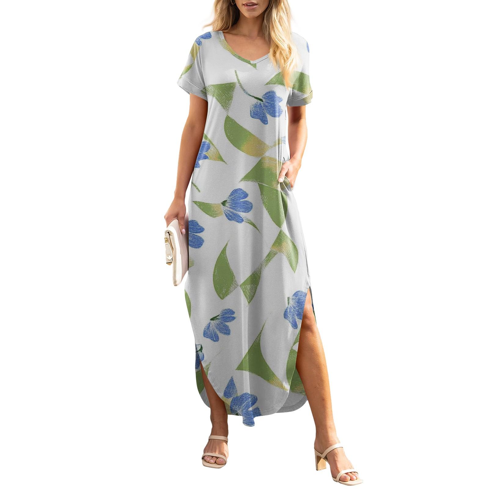 

Женское летнее повседневное свободное пляжное платье макси с коротким рукавом и цветочным принтом XL синий