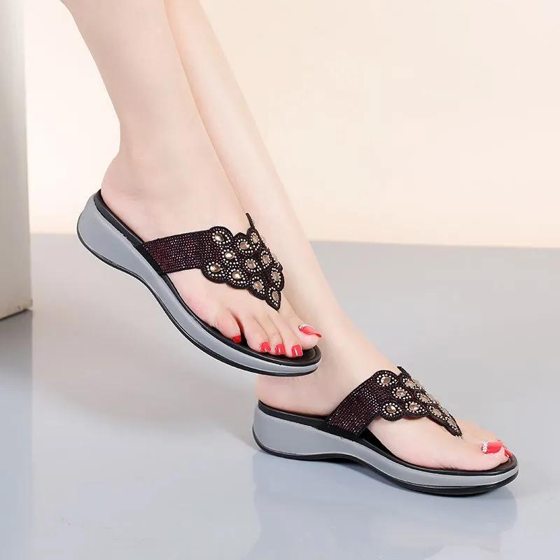 Fashion GKTINOO Fashion New Genuine Leather Slippers Anti-skid Summer Flip Flops Beach Rhinestone Sandals Mom Shoes For Outside