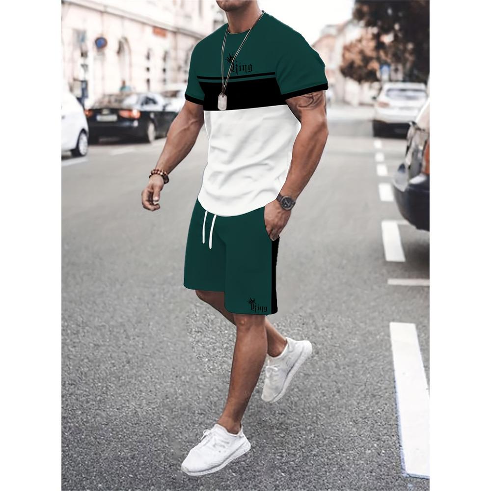 New Stitching Printed Men's Suit Summer Round Neck Short Sleeve Top And Casual Shorts Fashion Street Style Two-Piece Set