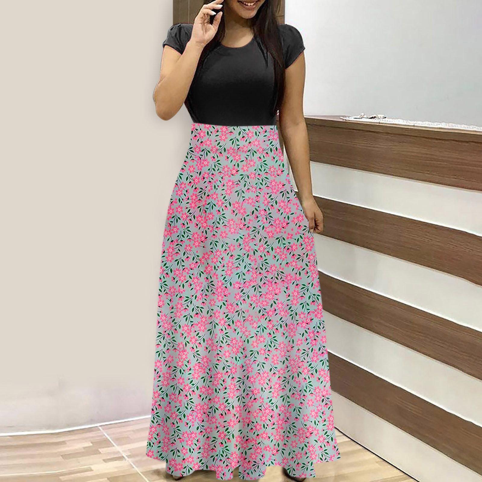 

Жіноча літня модна повсякденна вінтажна максі-спідниця з круглим вирізом і коротким рукавом XL рожевий