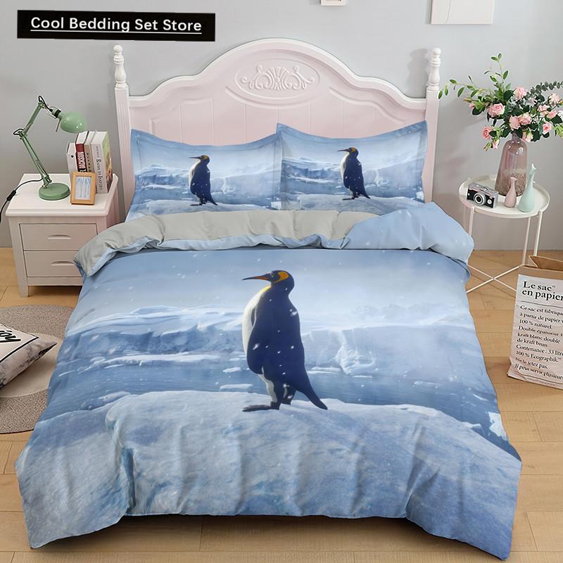Penguin King Queen Duvet Cover Lovely Black White Antarctic Animals Bedding Set for Kids Wildlife 2/3pcs Polyester Quilt Cover