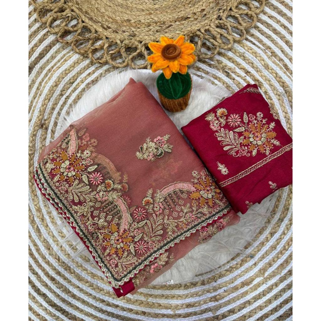 Premium soft zippy silk with c pallu multi thread and zari embroidery work with readymade lace and piping border