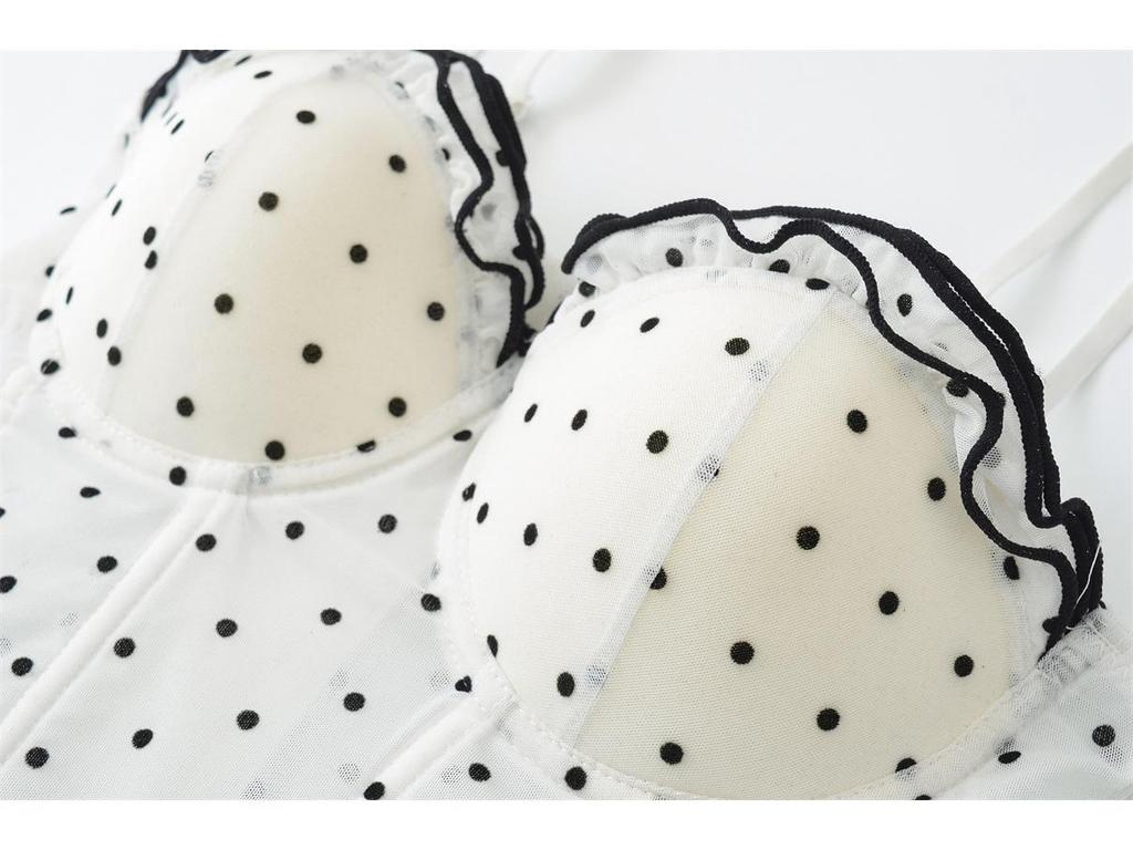 Korean Elegant Polka Dot Ruffle Camisole, Slim Fit with Chest Pads, Waist-Cinched, Flattering Lace Top for Women