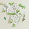 Toddler Girl Irish Outfits Bow Clover Print Crew Neck Long Sleeve Tops Long Pants Headband 3Pcs Clothes Set