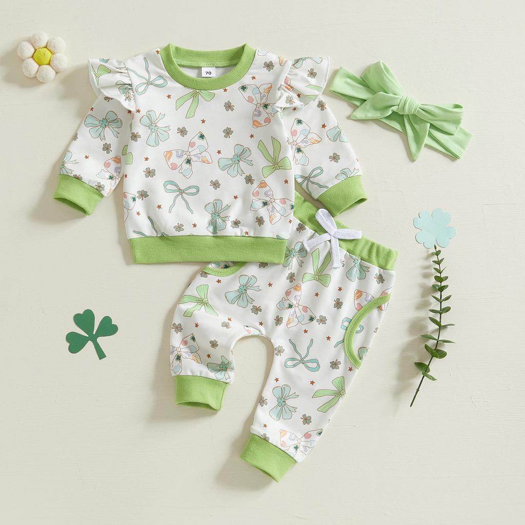 Toddler Girl Irish Outfits Bow Clover Print Crew Neck Long Sleeve Tops Long Pants Headband 3Pcs Clothes Set