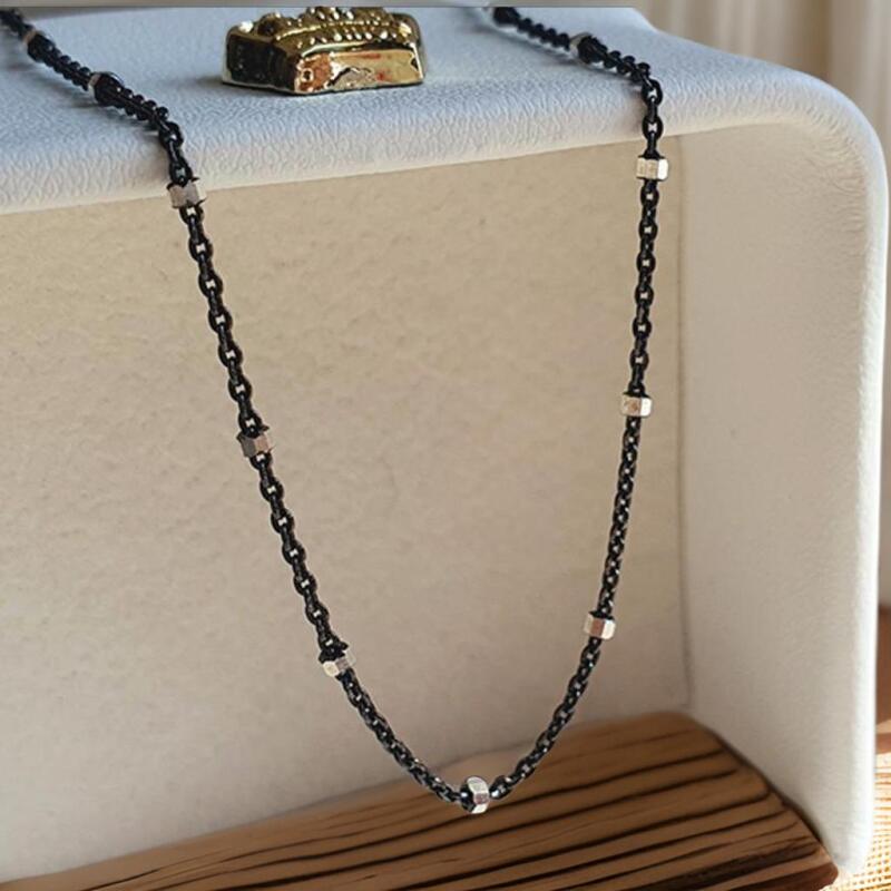 Women's Black Chain Necklace Silver Square Pendant
