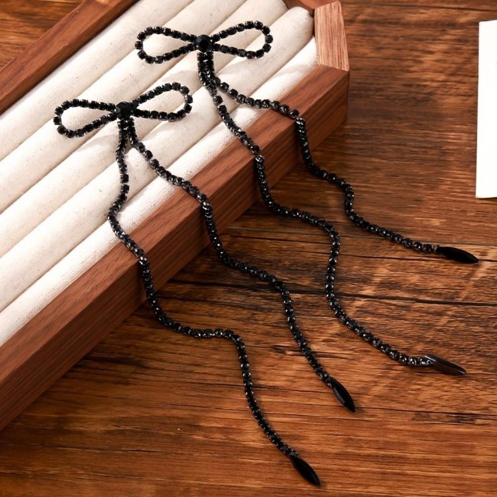 Trendy Rhinestone Long Tassel Earrings Black Alloy Bowknot Pendant Earrings Exaggerated Dangle Statement Drop Earrings Bridal