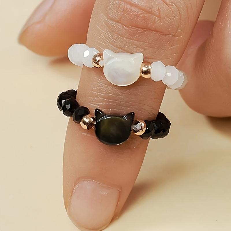 2-Piece Set Of Black And White Cat Rings, Adjustable Elasticity, Fashionable Design