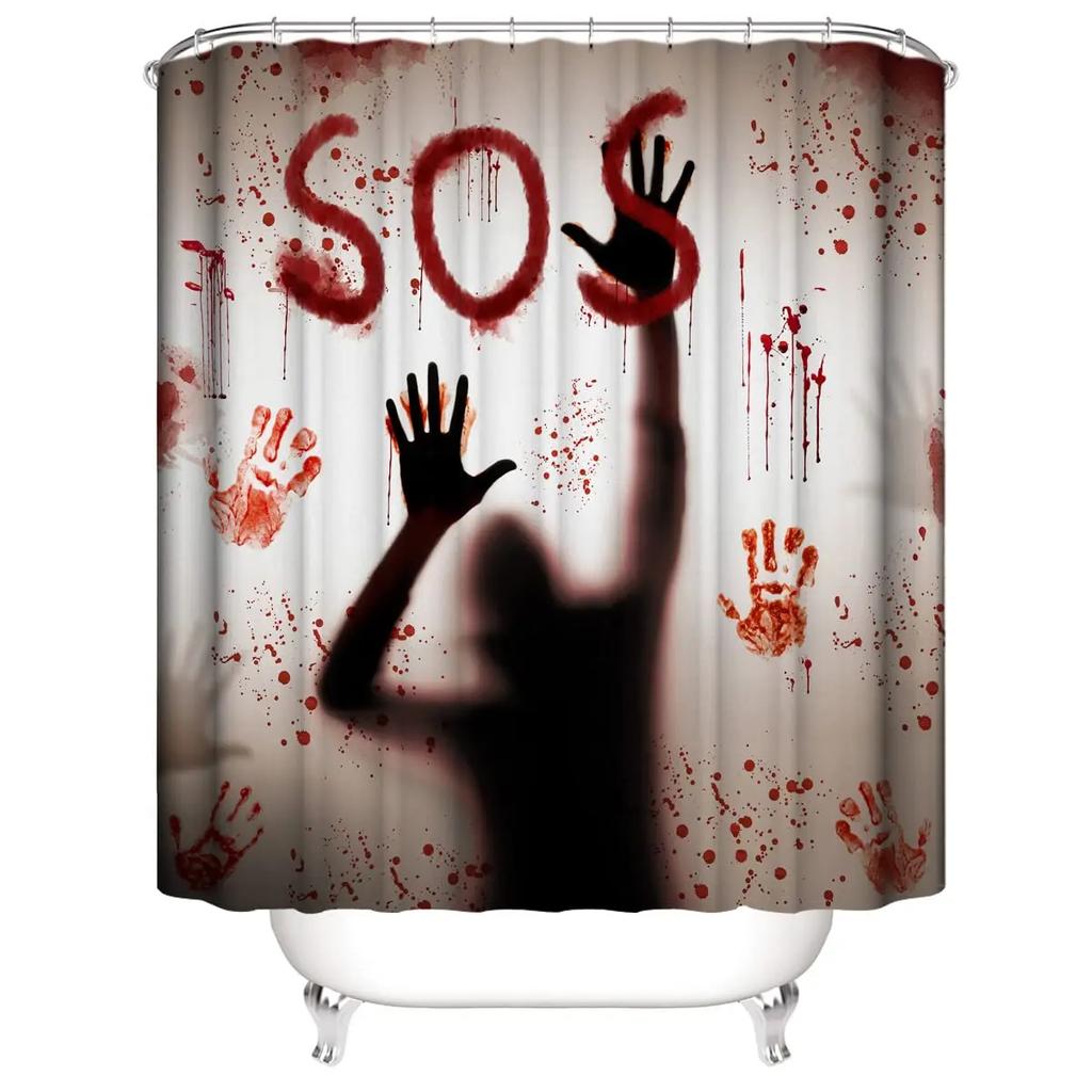 3D Halloween Theme Shower Curtain Horror Bloody Hands Black Bathroom Curtains For Halloween Party Waterproof Fabric With Hooks