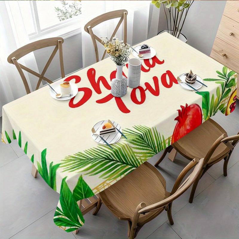 Nappe Grenade Shana Tova pour Décoration de Table Rosh Hashanah Feuille Verte Tissu de Table de Cuisine Salle à Manger Décoration du Nouvel An Juif 140x200cm
