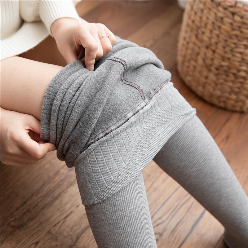 Women's High Waist Ribbed Cotton Vertical Striped Fleece Lined Thickened Outer Wearable Base Layer Leggings One Piece Pantyhose Warm Pants