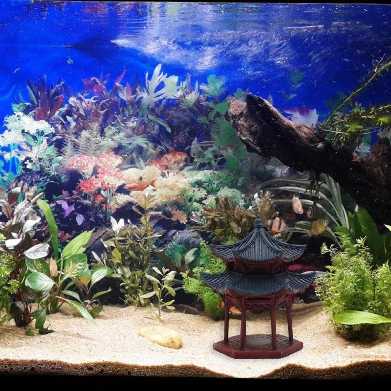 Traditional Hexagon Pavilion Fishtanks Decors Double Tiered Resin Craft for Fishtanks and Hotel Table Scene Landsacpe