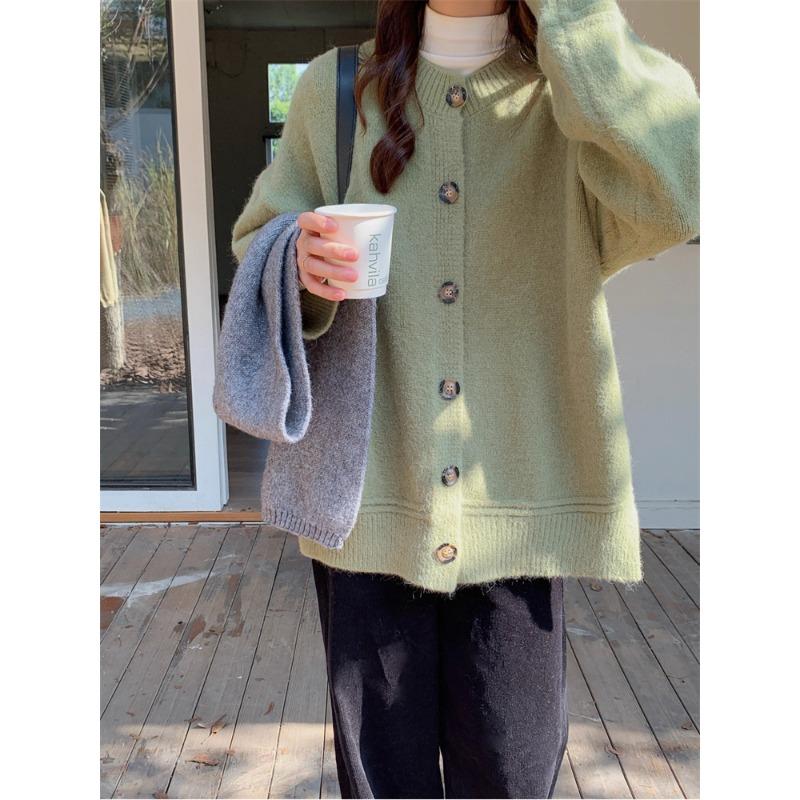 Solid color simple and versatile sweater jacket women's autumn and winter new loose casual lazy knitted cardigan top trendy
