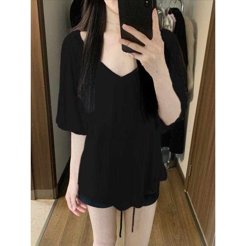 Plus Size Chubby Girl K-style Casual Laid-Back Style V Neck Short-Sleeved T-shirt Women's Summer New Arrival Loose Slimming Slim Fit Bottoming Shirt