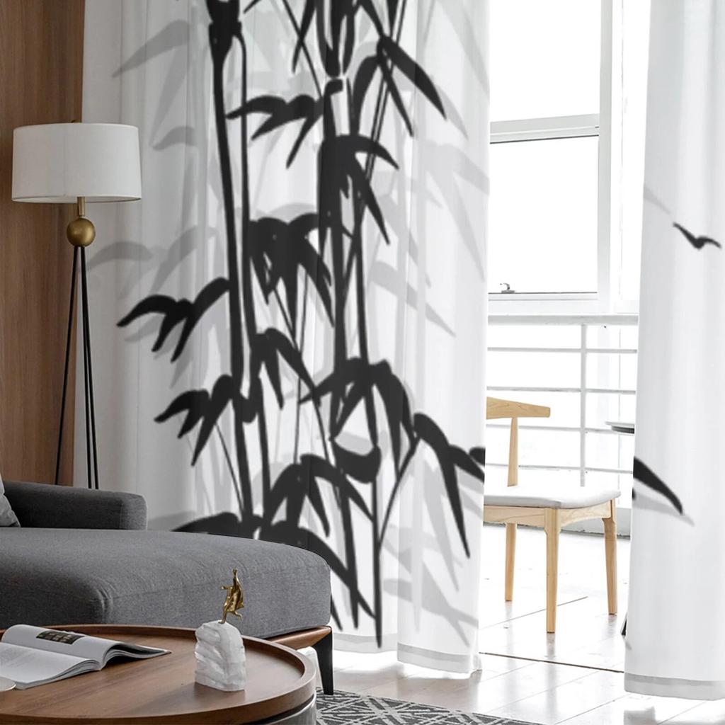 Schwarze transparente Vorhänge mit Bambus-Vogelmotiv für Wohnzimmer, Schlafzimmer, Tüllvorhänge, Küchenfensterbehandlungen, Vorhänge