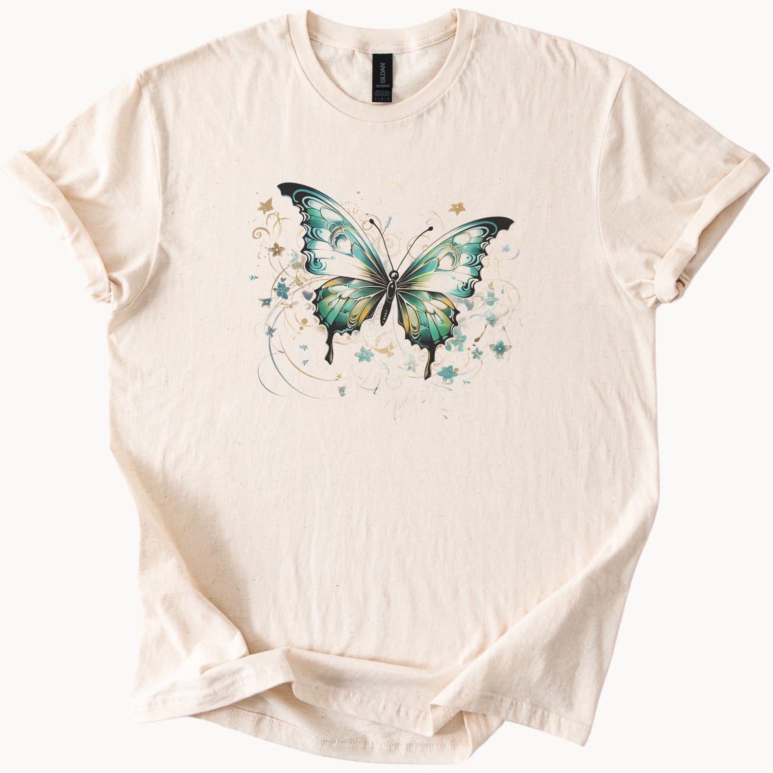 Teal Butterfly Floral Graphic TShirt Nature Lover Tee Unique Design Top 160
