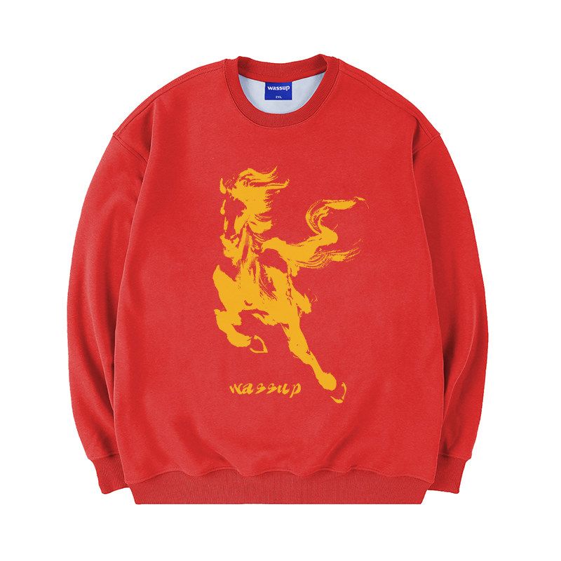 

Wasusp Year of the Horse National Trend Heavyweight Sweatshirt for Men Autumn/Winter 2026 New Loose Casual Couple Crew Neck Pullover Top Red M