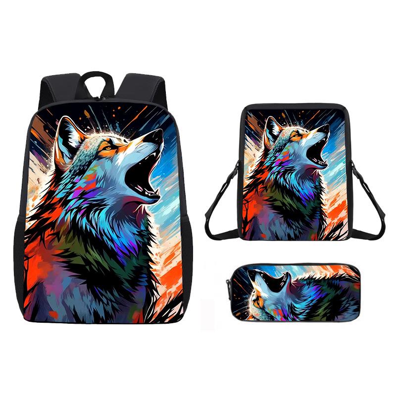 Zaino Stampato con Animale Lupo da 17 Pollici Zaino per Studenti Maschi e Femmine Zaino Scolastico per Bambini Set da Tre Pezzi