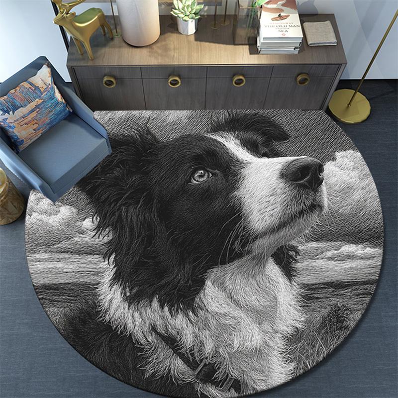 Border Collie Runder Teppich, Teppich für Wohnzimmer Schlafzimmer Sofa Spielzimmer Dekoration, Rutschfeste Bodenmatte