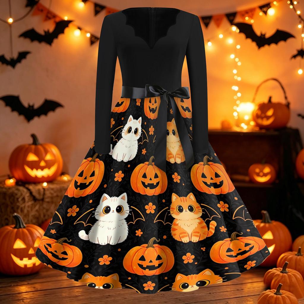 Womens Casual Halloween Print V Neck Vintage Dress Long Sleeve Fit Flare Midi Dress with Waist Tie Retro Style