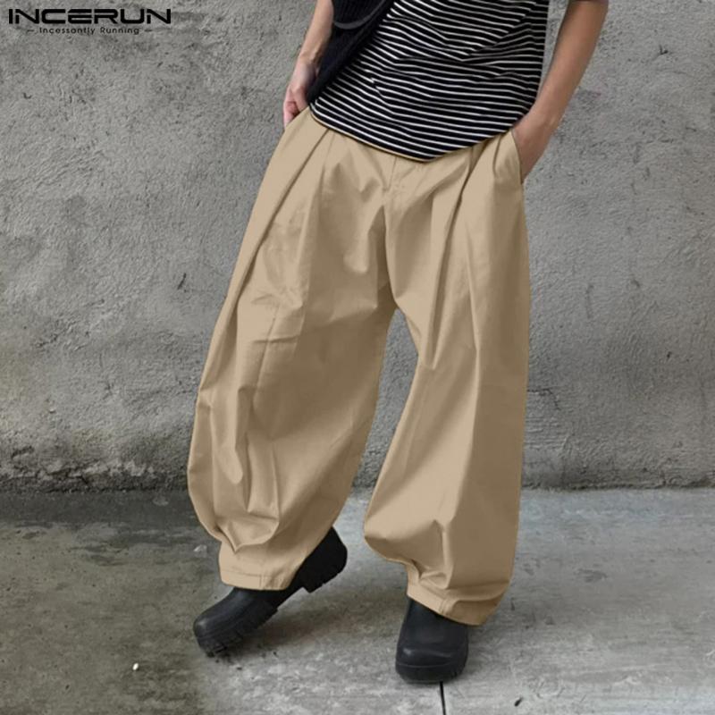 INCERUN Men Zipper Button Waist Solid Pleated Casual Long Pants Trousers