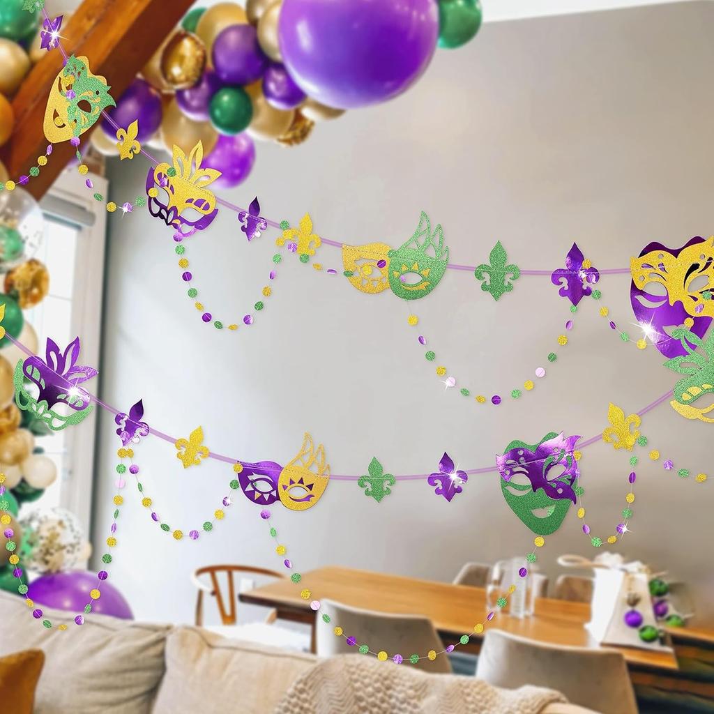 Cheerland Green Purple Gold Mardi Gras Mask Banner Paper Bead Garland Set for Mardi Gras Theme Party Decorations Triangle Flag Bunting for Fat