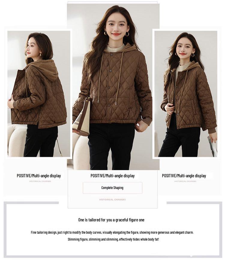 Jachetă de iarnă stil coreean argyle - Casual, ușoară, cu glugă și care subțiază.