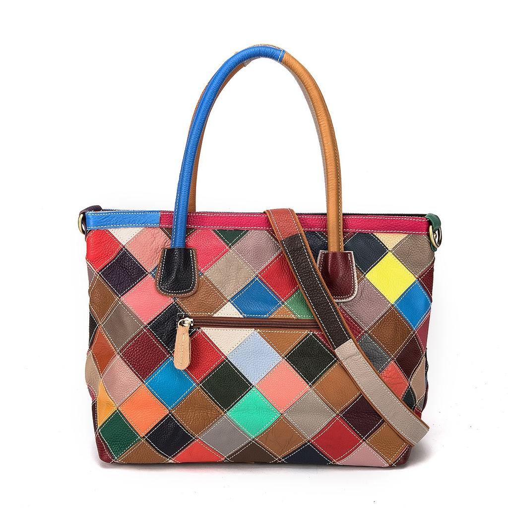 Große Kapazität Tasche für Frauen aus echtem Leder geometrische Muster Farbkombination Tote Casual Alltagsgebrauch Boutique