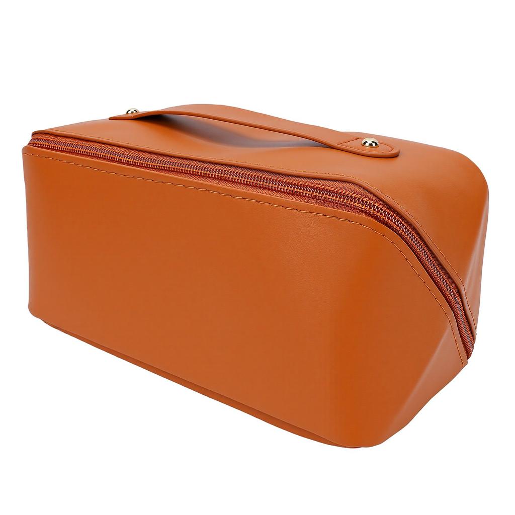 PU Leather Travel Makeup Bag Water Proof Large Capacity Wide Opening Cosmetic Bag Khaki