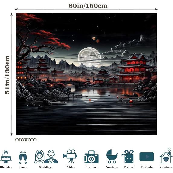 OIOVOIO Japanese Riverside Tapestry,Mountain Forest Nature Tapestry for Bedroom,Black and White Moon Landscape Wall Hanging,Aesthetic Anime Art Decor