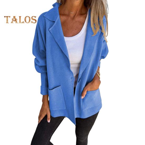 Damen Herbst Winterjacke Reverskragen Lockerer Freizeitmantel mit Tasche Einreihiges Einfarbiges Langarmoberteil