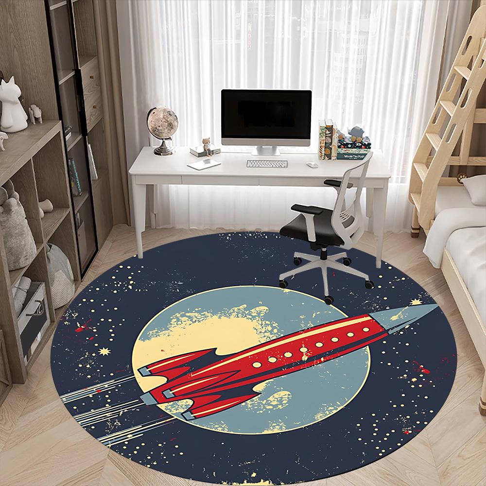 1pc Rocket Moon Office Round Area Rug, Indoor Mat Suitable For Office, Under Office Chairs Bedroom Living Room Home Decor, Room Deco