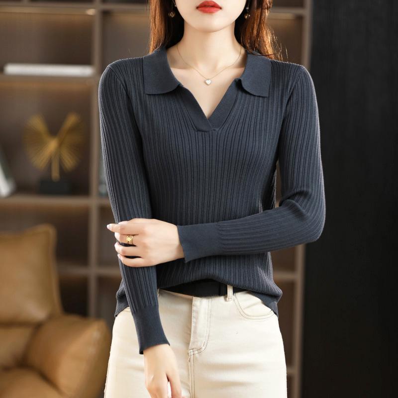 YYFS Damenmode Lässiger Einfarbiger Druck Herbst Winter Langarm Pullover mit Polokragen