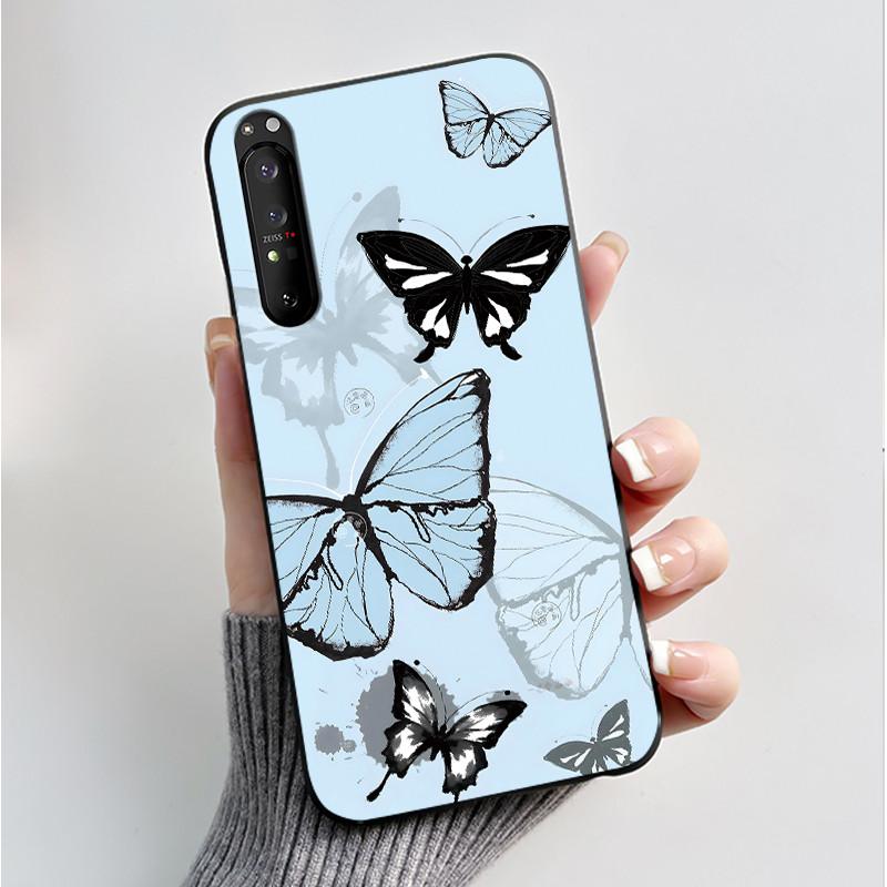 Hülle für Sony Xperia 1 II 1 III Luxus Mode Schmetterling Blume Schwarzes Silikon TPU Weiche Handyhülle für Sony 1II 1III Rückseite