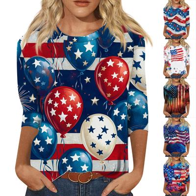Women's Fashion Casual 3/4 Sleeve Independence Day Printed Round Neck Pullover Top