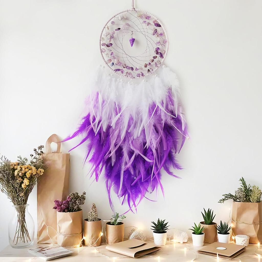 Purple Dream Catcher Wall Decor Feather Dream Catchers with Crystal Pendant Handmade Dreamcatcher Wall Hanging Ornament for Bedroom Living Room Home