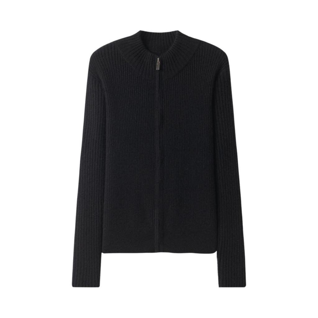 Lekasha Striped Cashmere Stand Collar Zip Cardigan