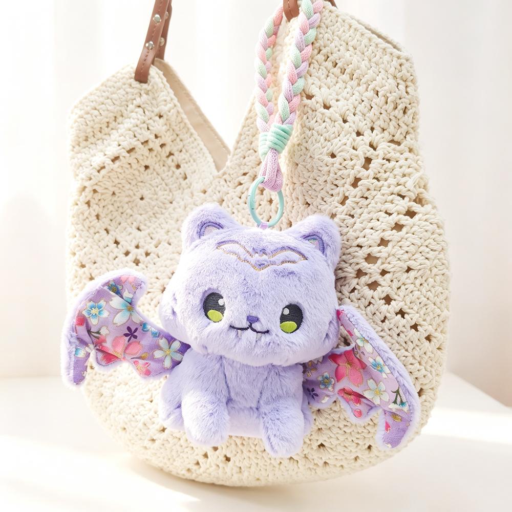 Cute Sakura Bat Cat Plush Keychain Kawaii Kitten with Wing Stuffed Toy Pendant Soft Fluffy Animal Doll Bag Charm for Girls Gift